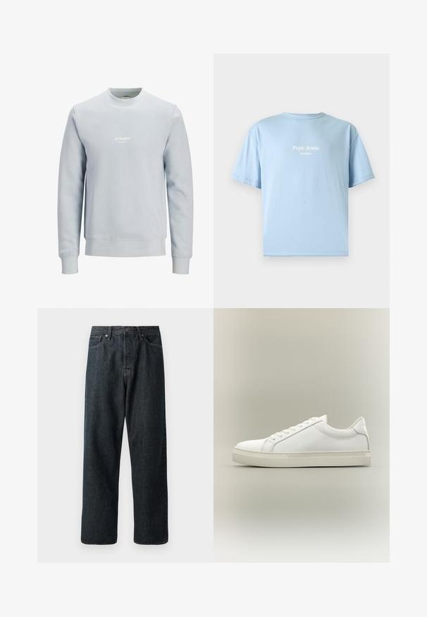 Lyseblå crewneck sweatshirt med lange ærmer og lille hvidt "JJ Studios" logo centreret på brystet.; Lyseblå T-shirt med korte ærmer med hvid "Pepe Jeans London" tekst centreret på brystet mod ensfarvet baggrund.; Mørk denimjeans med lige bendesign, der har en traditionel fem-lommeopbygning og en metalknaplukning i taljen.; Hvid lavtop sneaker med snørebånd foran og tyk sål, vist fra siden mod en neutral baggrund.