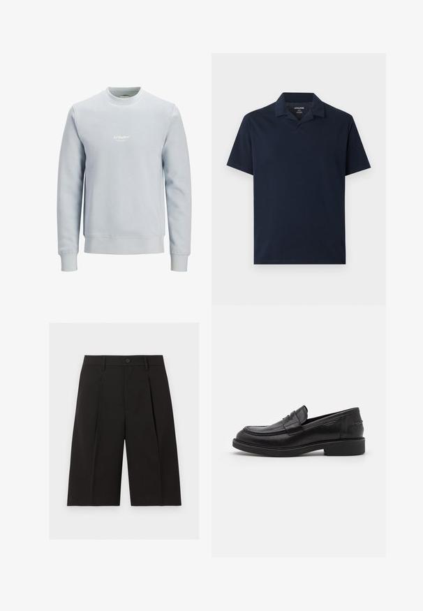 Sweat-shirt bleu clair col rond à manches longues avec petit logo blanc "JJ Studios" centré sur la poitrine.; Polo bleu marine à manches courtes avec col, encolure en V dégagée et tissu de poids moyen, étalé à plat sur un fond gris clair.; Shorts noirs sur mesure mi-genoux avec fermeture à boutons, passants de ceinture et plis sur le devant, sur un fond blanc uni.; Mocassins en cuir noir avec un bout arrondi, des coutures ton sur ton et un détail de sangle à l'avant. Semelle en caoutchouc avec un petit talon.