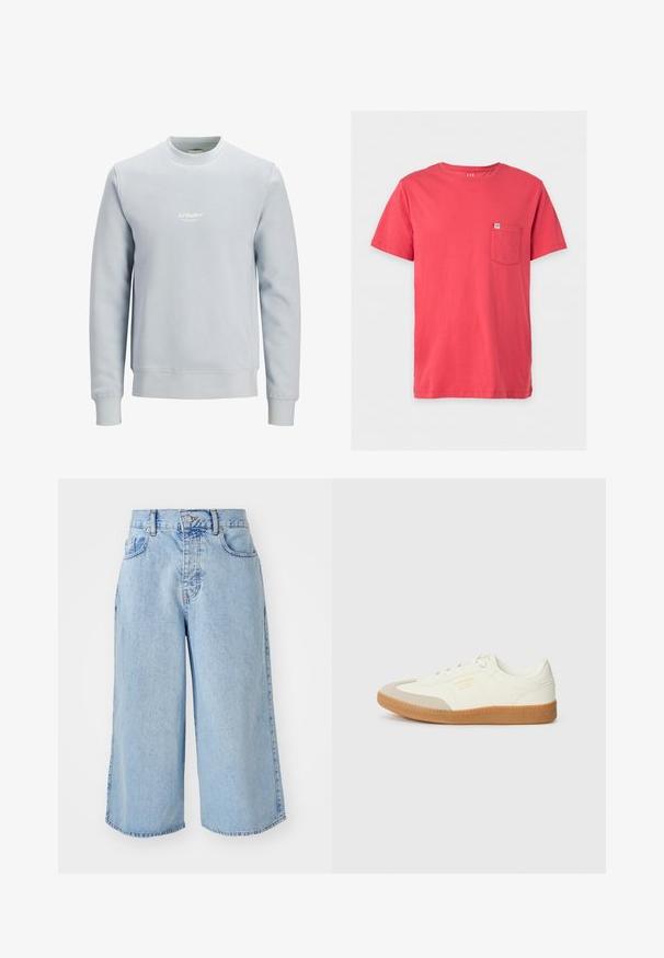 Lichtblauwe crewneck trui met lange mouwen en een klein wit "JJ Studios"-logo in het midden van de borst.; Effen rood T-shirt met korte mouwen en een klein borstzakje aan de linkerkant, met een GAP-logo labeltje op het zakje.; Lichtblauwe denim culotte shorts met een hoge taille, vijf-pocket ontwerp en losse pasvorm. Beschikt over een vervaagde textuur en dubbel gestikte zoom.; Schoen gemaakt van wit leer met een beige teenkap en een lichtbruine rubberen zool. Voorzien van platte witte veters en reliëfbranding aan de zijkant.