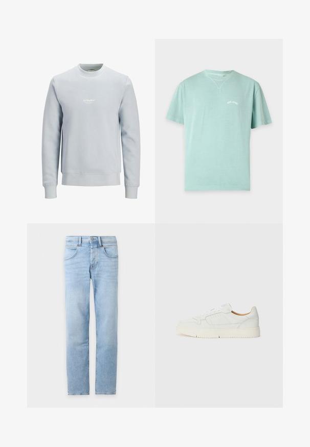 Sweat-shirt bleu clair col rond à manches longues avec petit logo blanc "JJ Studios" centré sur la poitrine.; T-shirt bleu clair à manches courtes et col rond avec petit texte blanc « PEPE JEANS » sur le côté gauche de la poitrine.; Jean denim bleu clair à jambes droites avec poches avant, passants de ceinture et fermeture à boutons sur fond blanc.; Sneaker en cuir blanc avec une surface texturée, un bout arrondi et des détails perforés. Il dispose de lacets blancs et d'une semelle en caoutchouc beige clair.
