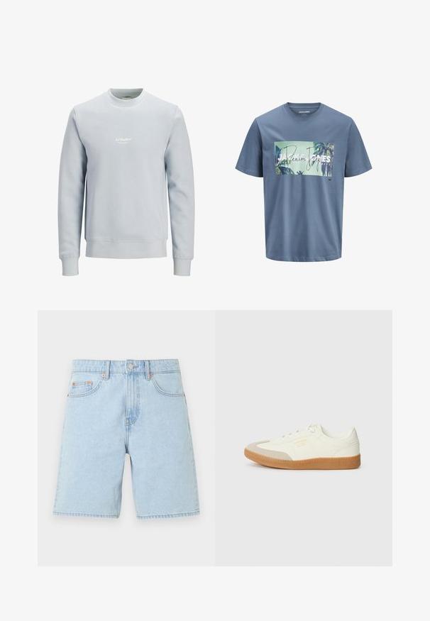 Sweat-shirt bleu clair col rond à manches longues avec petit logo blanc "JJ Studios" centré sur la poitrine.; T-shirt bleu à manches courtes avec un graphique de palmier et le texte "Denim People" imprimé sur la poitrine, marque Jack & Jones visible.; Short en denim bleu clair avec poches avant, passants de ceinture, bouton en métal et fermeture éclair sur un fond blanc uni.; Baskets en cuir blanc avec une coque beige et une semelle en caoutchouc marron clair. Dotées de lacets blancs plats et d'un logo embossé sur le côté.