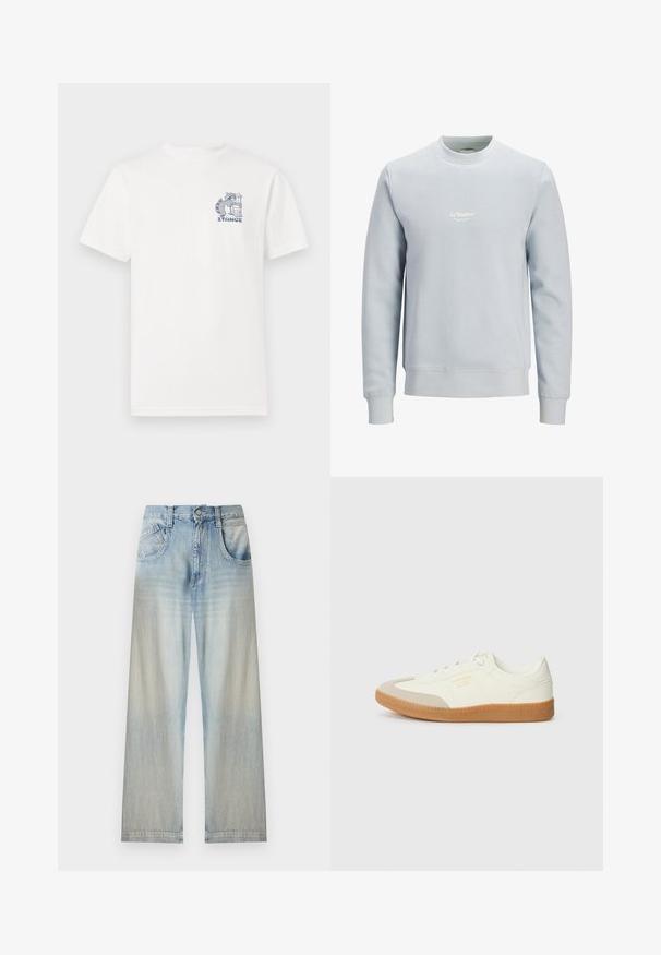 Lyseblå crewneck sweatshirt med lange ærmer og lille hvidt "JJ Studios" logo centreret på brystet.; Hvid t-shirt med korte ærmer lavet af bomuld, med et blåt grafisk motiv på brystet af en vaskebjørn ved siden af en skraldespand og teksten "STANCE."; Lyseblå vidde denimjeans med lommer foran, knaplukning og falmede områder ved lårene og underbenene.; Sneaker lavet af hvid læder med en beige tåhætte og let brunt gummisål. Har flade hvide snørebånd og prægede branding på siden.