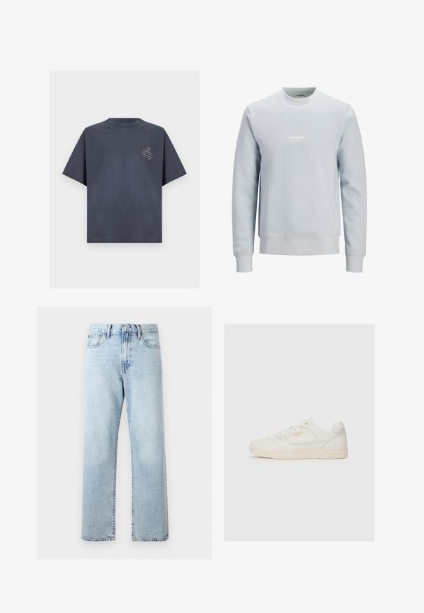 Light blue crewneck sweatshirt with long sleeves and small white "JJ Studios" logo centered on the chest.; Dark gray short-sleeve crew neck T-shirt with small light-colored text and a circular logo on the left chest area.; Light blue high-waist straight-leg denim jeans with front pockets, button closure, and belt loops on a plain background.; White leather sneaker with a smooth texture, featuring perforated accents, lace-up front, and a subtle logo in gold near the side.