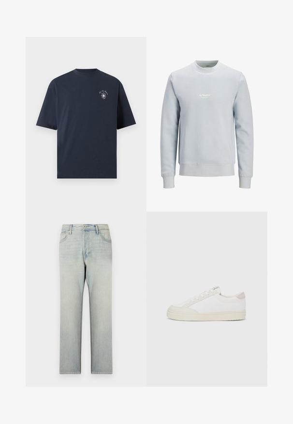 Sweat-shirt bleu clair col rond à manches longues avec petit logo blanc "JJ Studios" centré sur la poitrine.; T-shirt bleu marine à col rond avec manches courtes, présentant un petit motif floral blanc et un texte en écriture cursive sur la poitrine gauche.; Jean en denim bleu clair à coupe droite, avec poches avant, passants pour ceinture et une légère décoloration sur le tissu.; Baskets blanches avec une tige en toile texturée, des accents beiges lisses au niveau du talon, et une semelle en caoutchouc. Elles présentent un bout arrondi et un design à lacets.
