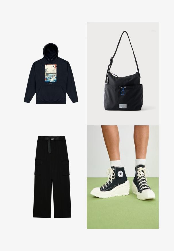 Sweat à capuche noir avec poche avant, présentant un imprimé coloré de vague et de paysage de style japonais intitulé "Ashmolean Museum Oxford."; Pantalons cargo noirs avec une coupe large, taille élastique avec une ceinture, et deux grandes poches latérales pour le rangement.; Baskets montantes noires avec une semelle plateforme blanche surélevée, dotées de lacets blancs et d'un logo arrondi sur le côté. Matériau en toile texturée.; Sac d'épaule en tissu noir avec sangle réglable, poche avant avec cordon bleu et petite étiquette logo rectangulaire à la base.