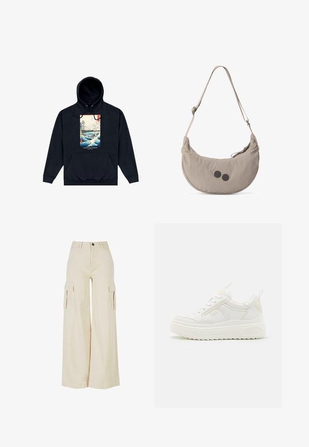 Schwarzer Kapuzenpullover mit Fronttasche, mit farbigem japanischem Wellen- und Landschaftsprint mit der Aufschrift „Ashmolean Museum Oxford“.; Beige weite Cargo-Hosen aus Baumwolle, mit zwei großen Seitentaschen, einem frontalen Knopfverschluss und einem sauberen Saum.; Weiße Leder-Sneaker mit einer klobigen Sohle, Schnürdesign und dezentem Branding. Sie verfügen über eine glatte Textur und eine abgerundete Zehenpartie.; Beige, mondförmige Schultertasche mit verstellbarem Riemen und zwei schwarzen runden Akzenten auf der Vorderseite, freigestellt vor weißem Hintergrund.