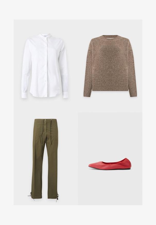 Pull en maille côtelée marron et beige, à manches longues et col rond, présenté sur un fond clair uni.; Chemise blanche à manches longues avec un col mandarin, en tissu lisse, dotée d'une patte de boutonnage à l'avant et d'une coupe ajustée. Sans motifs ni accents.; Pantalon en coton vert olive à coupe décontractée, avec plis à l'avant, taille à cordon de serrage et liens ajustables aux ourlets pour personnalisation.; Filippa K REY FLATS - Ballerines - bright red