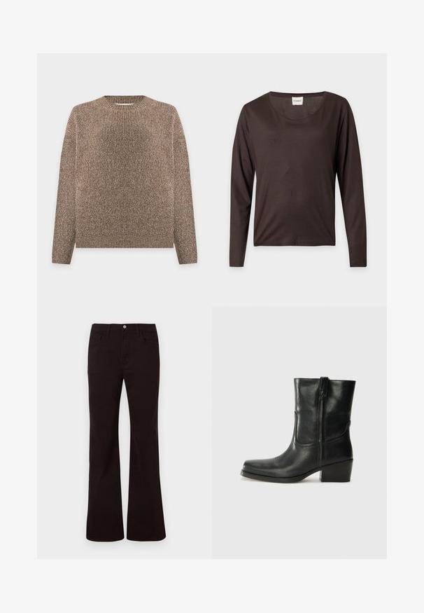 Brun og beige ribstrikket sweater med lange ærmer og rund hals, vist mod en ensfarvet lys baggrund.; Mørkebrun langærmet skjorte med rund halsudskæring, lige kant og et lille hvidt mærke med teksten "CLOSED" indeni kraven.; Sorte højttaljede jeans med vidde, frontknap, lynlås, bæltestropper samt for- og baglommer mod en hvid baggrund.; Sort læder ankelstøvle med rundt tå, blokhæl, lynlås i siden og stikninger på vampsiden. Glat tekstur, klassisk design.