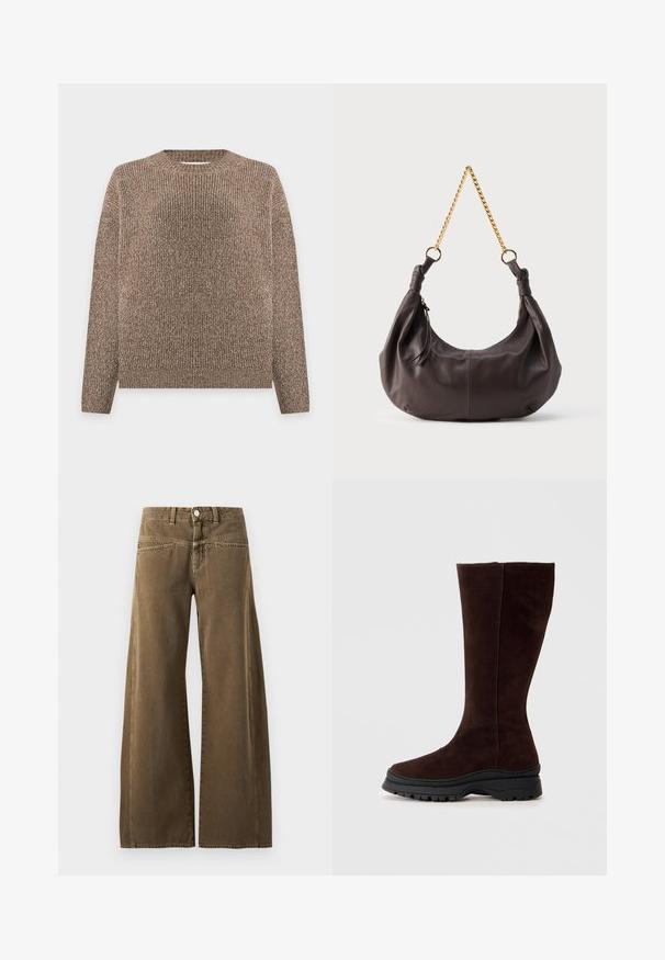 Brauner und beiger gerippter Strickpullover mit langen Ärmeln und Rundhalsausschnitt, vor einem einfarbigen hellen Hintergrund präsentiert.; Braune, hoch taillierte Hose mit weitem Bein, vorne mit Knopf, Gürtelschlaufen und sichtbaren Nähten auf hellem Hintergrund.; Braune Wildlederstiefel bis zum Knie mit runder Spitze, chunky schwarzer Gummisohle und minimalen Stitching-Details auf der Oberseite.; Weiche Schultertasche aus dunkelbraunem Leder mit verknoteten Enden und einem kurzen goldfarbenen Kettenriemen, vor einem schlichten hellen Hintergrund.