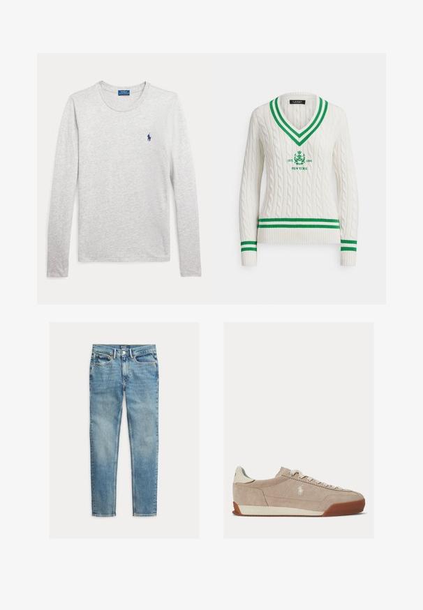 Suéter de punto con diseño cable en color blanco roto con cuello en V y puños a rayas verdes. Cuenta con un logo bordado que dice "EST. 1996" y "NEW YORK."; Camisa de manga larga gris clara con cuello redondo y pequeño logotipo de Polo Ralph Lauren en azul marino bordado en el pecho izquierdo.; Vaqueros ajustados azul claro con cinco bolsillos y cierre de botón, colocados planos sobre un fondo blanco.; Zapatilla baja de ante beige con cordones blancos, logo blanco en el lateral y suela de goma marrón.