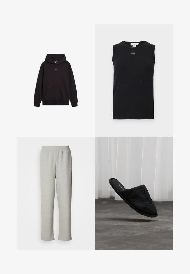 Sweat à capuche noir avec poche kangourou à l'avant et petit patch logo carré centré sous l'encolure.; Débardeur côtelé noir sans manches avec encolure ronde et petite écusson du logo Calvin Klein centré sous le col.; Pantalons de survêtement gris en matériau doux avec une taille élastique. Étiquette de logo petite sur le côté gauche et conception à jambes droites.; Chaussure noire à enfiler avec une tige en tissu doux et une semelle en caoutchouc plate. Présente un logo prominent à l'avant et une finition texturée.
