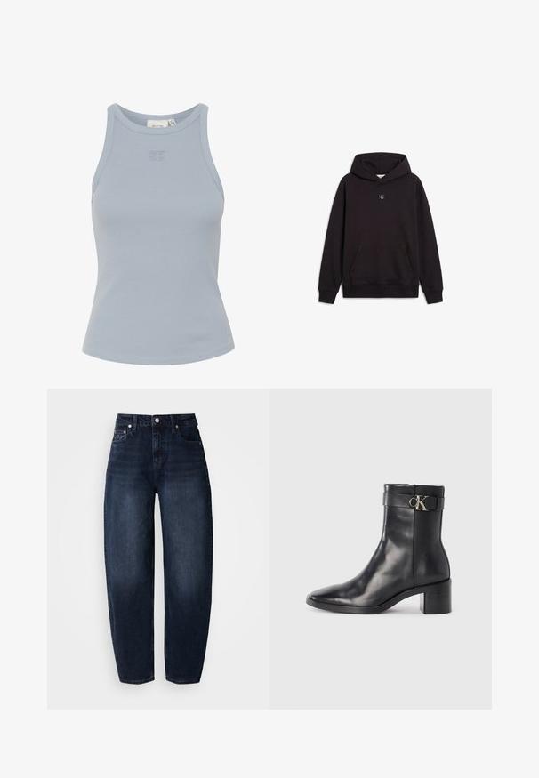 Must pullover-tüüpi kapuutsiga dressipluus ees taskuga ja väike ruudukujuline logo-plakk kaeluse all keskel.; Hea sinine ilma varrukateta ribakujuline tank top, millel on ümmargune dekoltee ja väike logo tikand keskel. Sile tekstuur, tihe siluett.; Tumedat sinist värvi teksapüksid lõdva lõikega, millel on kõrge vöökoht, sirged sääred ja klassikaline viie taskuga disain.; Must musta ankle boot terava nina, plokke konts ja rihm, millel on metalliline logo detail. Sile tekstuur ja minimaalne disain.