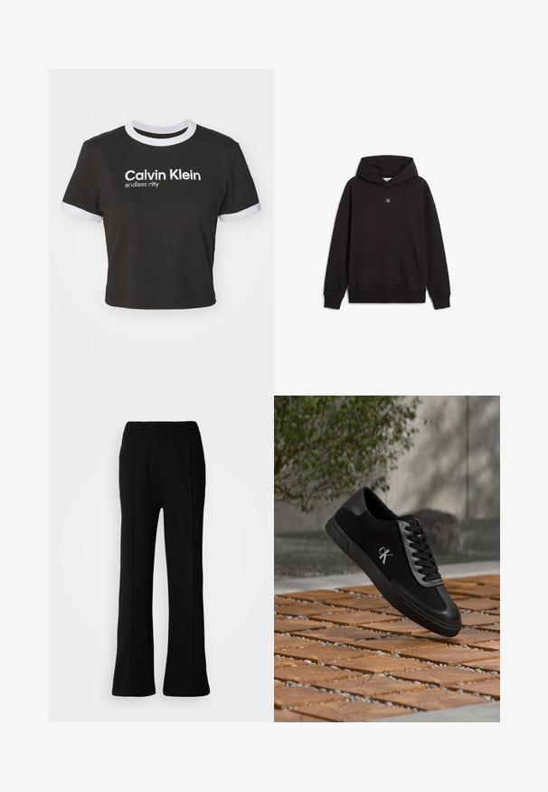 Sort pullover hoodie med frontlomme og lille firkantet logopatch centreret under halsudskæringen.; Afskærmet sort T-shirt med hvid ringer ved halsudskæringen og ærmefinesser. Har "Calvin Klein" og "endless city" trykt i hvidt. Blødt bomuldsstof.; Sorte elastiske bukser med en flagrende design, der har rene linjer og ingen synlige pynt. Lavet af et glat, strækbart stof.; Sort afslappet sneaker med læderdetaljer og "ck"-logo, svæver over trætæpper og småsten udendørs.