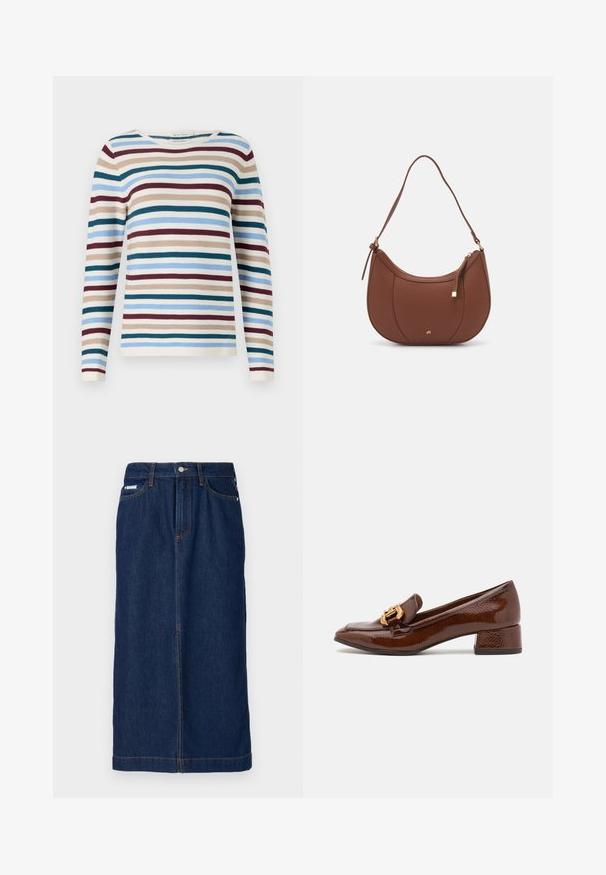 TOM TAILOR NEW OTTOMAN - Pullover - teal-colored; Jupe en denim bleu foncé avec une coupe droite, elle présente des coutures orange, une taille avec passants de ceinture et des poches avant.; Mocassins en cuir marron avec une finition brillante, dotés d'une boucle décorative en or à l'avant et d'un talon bas. Design classique.; Sac à épaule en faux cuir brun, de forme arrondie, avec des coutures minimales et un accent en matériel doré. Il possède une fermeture zippée sur le dessus et une sangle réglable.