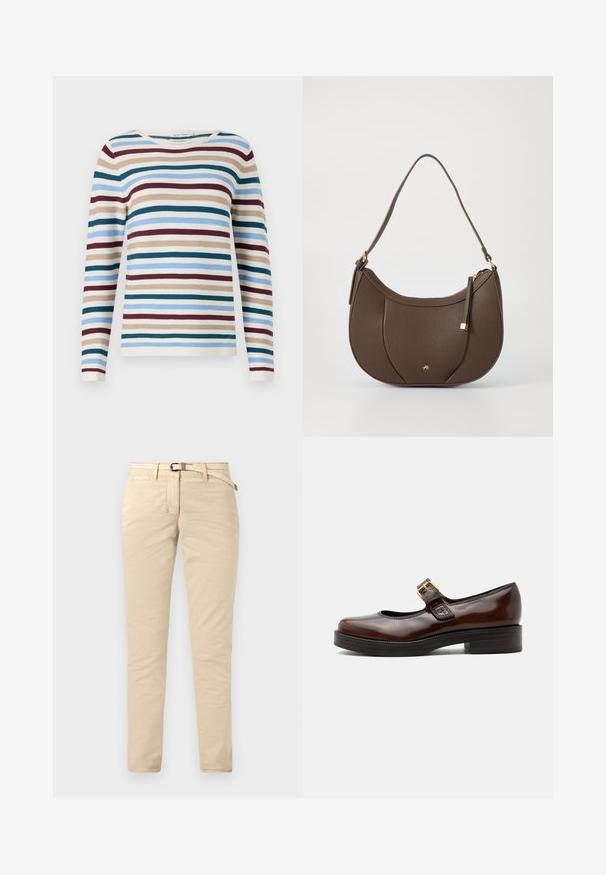 TOM TAILOR NEW OTTOMAN - Pullover - teal-colored; Chinos beige en coton avec une texture lisse, dotés d'une ceinture tissée et de poches standard. Coupe slim avec des jambes droites.; Chaussure Mary Jane marron foncé avec finition brillante, bout arrondi, petit talon bloc et bride avec boucle dorée sur le cou-de-pied.; Sac à main en cuir brun avec une forme courbée, accentué par un petit détail en métal doré et une surface texturée, doté d'une fermeture éclair.