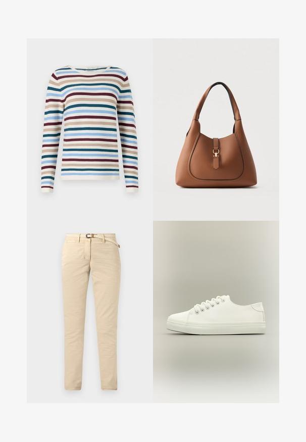 TOM TAILOR NEW OTTOMAN - Pullover - teal-colored; Chinos beige en coton avec une texture lisse, dotés d'une ceinture tissée et de poches standard. Coupe slim avec des jambes droites.; Baskets basses blanches avec lacets blancs et semelle en caoutchouc, vues de côté sur un fond neutre.; Sac à main en cuir marron avec finition texturée, forme incurvée, bandoulière unique et détail en métal doré sur le devant.