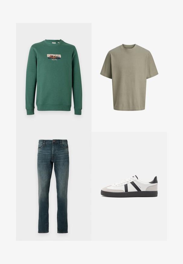 Grøn bomulds sweatshirt med lange ærmer, rund halsudskæring og "ROCKIES" grafik med bjerge i orange og blå broderi.; Kortærmet, ribstrikket T-shirt med rund hals i dæmpet olivengrøn, vist på en hvid baggrund.; Mørkeblå slim-fit jeans med fem lommer og knaplukning, vist mod en ensfarvet hvid baggrund.; Hvide sneakers med sorte og grå detaljer, med en tekstureret grå tåhætte, sort gummisål og flade hvide snørebånd. Rent design, minimalistisk stil.