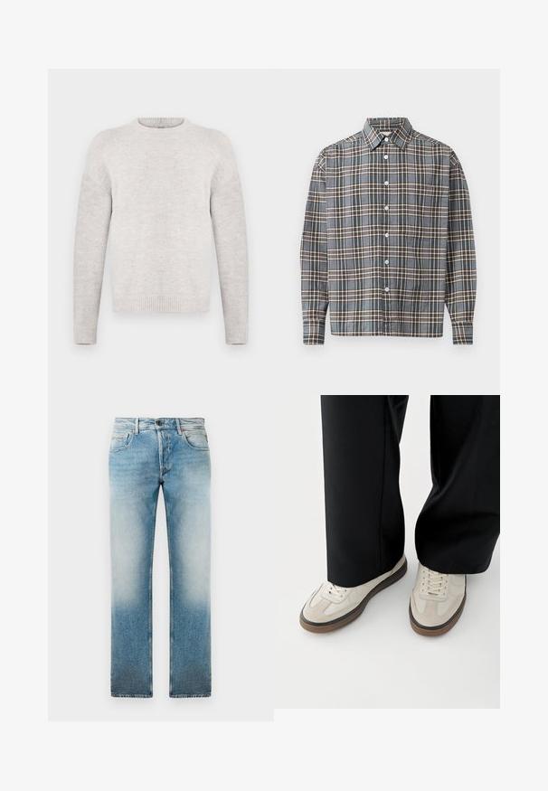 Lys grå strikket sweater med rund halsudskæring, lange ærmer og ribstrikkede manchetter og kant. Blød tekstur og afslappet pasform.; Langærmet skjorte med knaplukning i blå, brun og beige ternet mønster og en brystlomme på en lys baggrund.; Lys blå denim jeans med lige ben-design, der har et falmet vask, fem lommer og en knaplukning i taljen.; Fødder iført beige sneakers med brune såler og sorte bukser med vide ben på hvid baggrund.