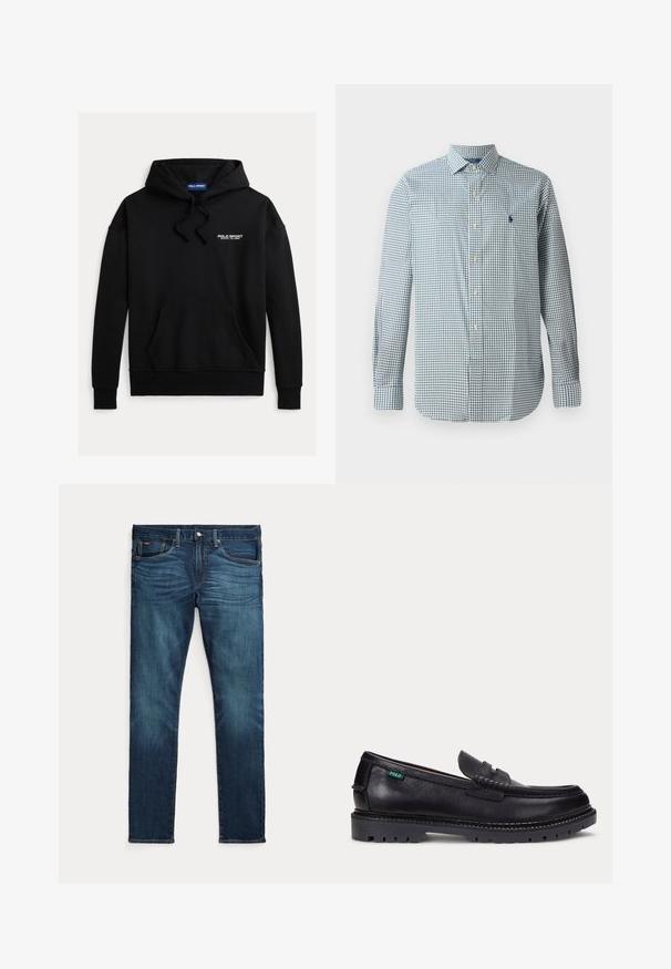 Sort sweatshirt med hætte og en forlommer foran. Teksten "POLO SPORT" i hvid øverst til venstre. Fremstillet af blødt stof.; Button-up skjorte i blå og hvid ternet mønster, lange ærmer, klassisk krave, med et lille broderet emblem på brystet.; Mørkeblå slim-fit jeans med frontknap og lynlås, fem lommer og subtil falmen på forreste lår og knæ.; Sort læderloafer med tyk, mønstret sål og lille grøn "Polo"-mærke på ydersiden nær hælen.