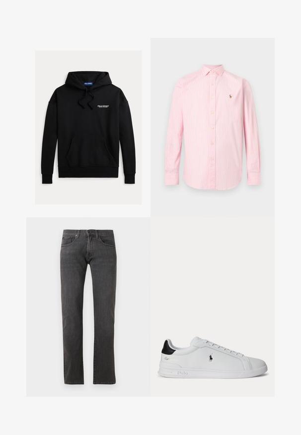 Zwarte trui met capuchon, voorzien van een voorzak. Tekst "POLO SPORT" in het wit op de linker bovenkant. Gemaakt van zachte stof.; Roze-wit gestreept overhemd met lange mouwen, knoopsluiting, kraag en klein geborduurd logo op de linkerborst.; Donkergrijze denimjeans met een rechte pijp, ontwerp met vijf zakken en subtiele stikseldetails. Gemaakt van katoenrijke stof.; Witte lage sneaker met zwarte hieltab, veters en Polo Ralph Lauren-logo aan de zijkant, met gegraveerde zooldetails.