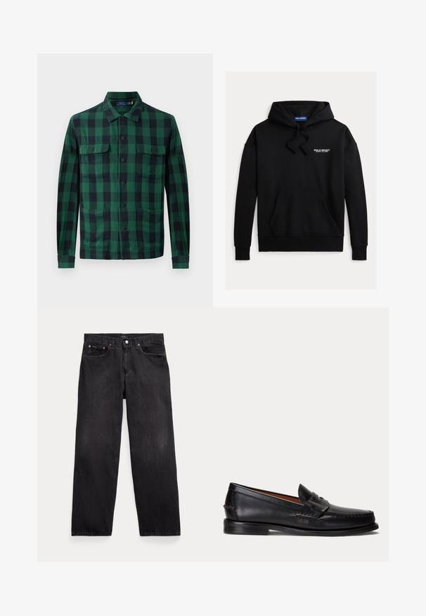 Sudadera negra con capucha, con un bolsillo frontal tipo canguro. Texto "POLO SPORT" en blanco en la parte superior izquierda. Fabricada con tela suave.; Camisa de cuadros verde y negra, hecha de tela, con cierre de botones en la parte delantera, dos bolsillos en el pecho y mangas largas con puños abotonados.; Vaqueros negros de corte recto con cinco bolsillos, cierre de botón y remaches metálicos visibles en los bolsillos delanteros.; Mocasín negro de cuero con tacón bajo y detalle de correa para moneda, mostrado de lado sobre un fondo gris claro.