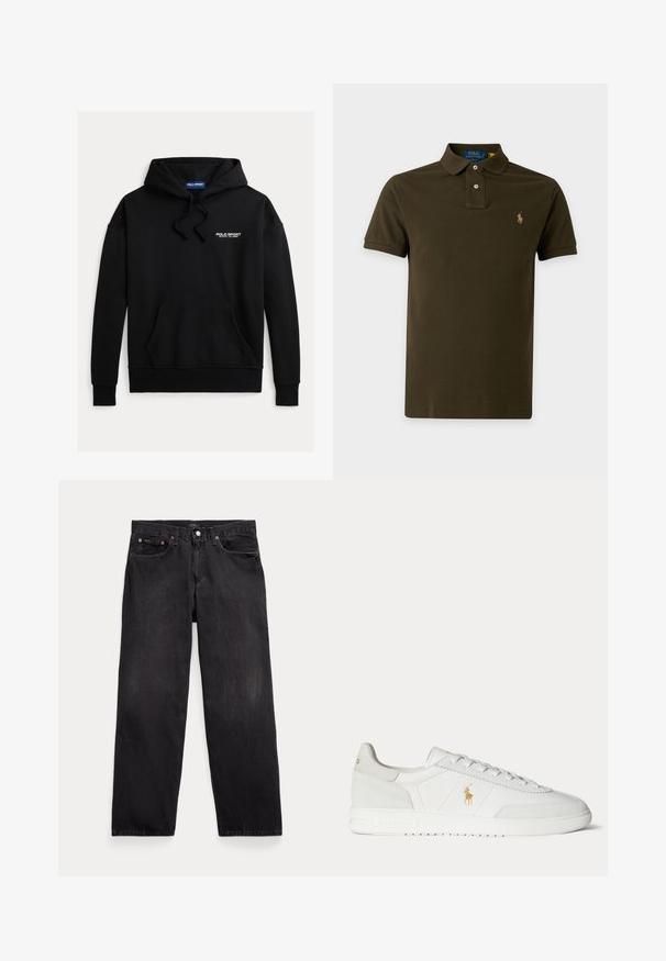 Schwarzer Kapuzenpullover mit einer Kängurutasche vorne. Text "POLO SPORT" in Weiß oben links. Aus weichem Stoff gefertigt.; Dunkelgrünes Polohemd mit kurzen Ärmeln, Zwei-Knopf-Leiste und kleinem besticktem Logo auf der linken Brust.; Schwarze Jeans mit geradem Bein, fünf Taschen, Knopfverschluss und sichtbaren Metallnieten an den vorderen Taschen.; Weißer Sneaker in niedriger Ausführung mit Schnürdesign, goldenem Polo Ralph Lauren Logo an der Seite und strukturierter Sohle auf einfarbigem Hintergrund.