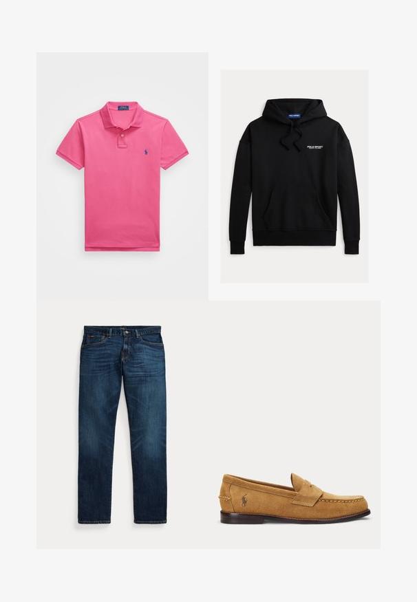 Sort sweatshirt med hætte og en forlommer foran. Teksten "POLO SPORT" i hvid øverst til venstre. Fremstillet af blødt stof.; Lyserød polo-shirt lavet af bomuld, kortærmet, med krave og to knapper foran. Har et broderet blåt logo på venstre bryst.; Mørkeblå denimjeans med let falmning på lår og lommer, knap- og lynlåslukning samt design med fem lommer, lagt fladt på hvid baggrund.; Lysebrun ruskind loafer med syede detaljer og lille broderet hestelogo på siden, med lav træhæl og slip-on design.
