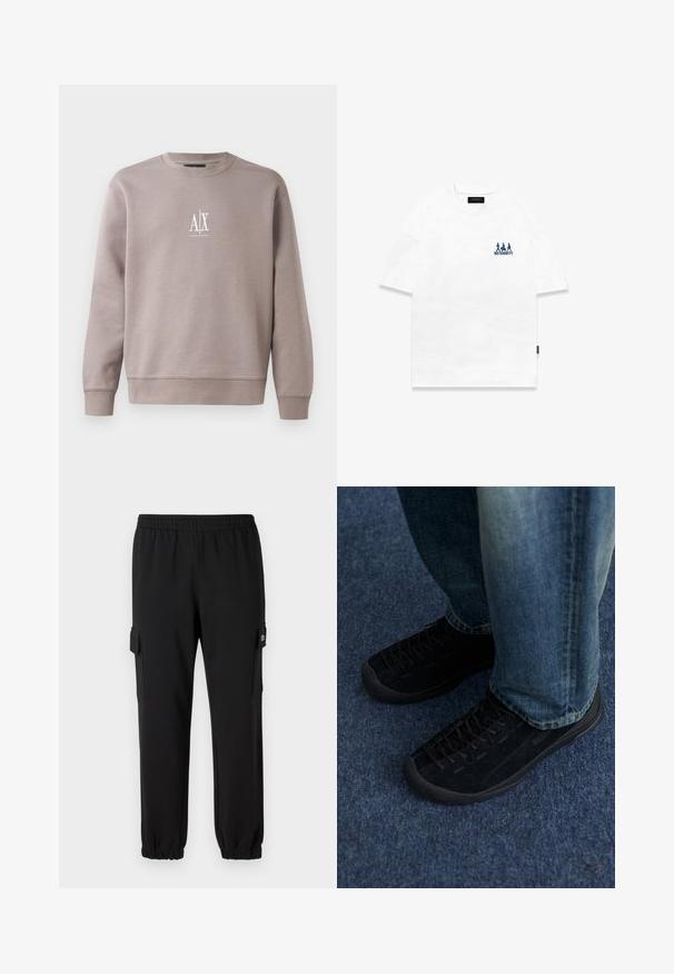 Sudadera gris de tejido suave, con cuello redondo, mangas largas y un pequeño logo blanco en el pecho.; Camiseta blanca de manga corta hecha de algodón, con un gráfico azul de tres figuras y el texto "RETERNITY" en el lado izquierdo del pecho.; Pantalones de chándal negros con cintura elástica, puños ajustados y bolsillos laterales tipo cargo. Fabricados con material suave y textura lisa.; Zapatillas de ante negro con superficie texturizada, cordones sutiles y suelas de goma duraderas, combinadas con jeans de denim azul.