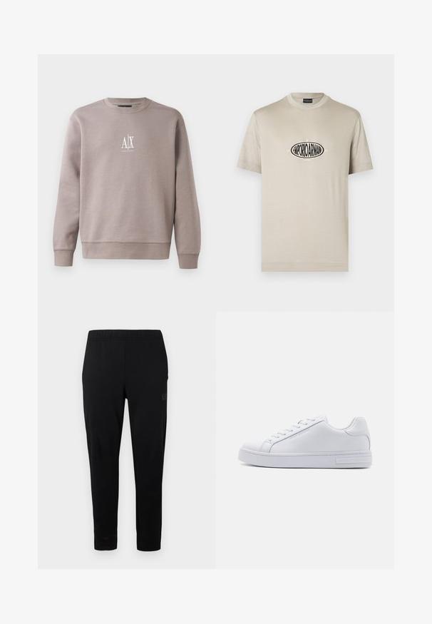 Grijze sweatshirt gemaakt van zachte stof, met een ronde hals, lange mouwen en een klein wit logo op de borst.; Beige katoenen T-shirt met een ronde hals en korte mouwen, voorzien van een centraal zwart logo met de tekst "1981" en "MILANO" in crèmekleur.; Zwarte sportbroek met een elastische tailleband, slanke pasvorm en geen zichtbare hardware. Heeft een subtiel logo dat op de zijkant is gedrukt.; Witte leren sneaker met een soepele textuur, ronde neus, vetersluiting aan de voorkant en platte rubberen zool. Voorzien van reliëfbranding op de hak.