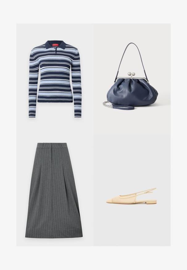 Polo à manches longues rayé bleu marine et bleu clair avec une texture côtelée et un col avec col à revers ; comporte trois boutons et une étiquette logo.; Jupe plissée grise avec une ceinture ajustée, motif à rayures verticales et silhouette fluide. Texture lisse et longueur au genou.; Chaussure plate slingback en beige clair avec une tige en maille, un bout pointu et un petit talon. Dotée d'une sangle ajustable pour un bon maintien.; Sac à main en cuir bleu marine doux avec fermeture à boucle argentée, une seule bandoulière, et une chaîne de poignet amovible sur fond blanc.