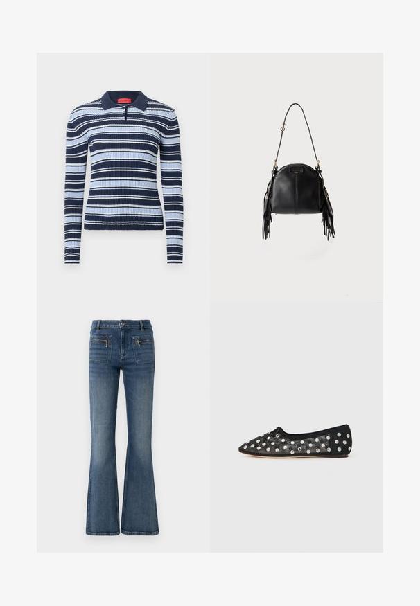 Polo à manches longues rayé bleu marine et bleu clair avec une texture côtelée et un col avec col à revers ; comporte trois boutons et une étiquette logo.; Jeans en denim bleu évasés avec une taille mi-haute, dotés de poches avant et arrière et d'un léger délavage.; Chaussure plate noire à bout pointu, en maille avec de grands pois argentés, et un petit nœud à l'avant. Tissu texturé.; Sac à main en cuir noir avec une forme courbée, une longue bandoulière réglable et des franges de chaque côté sur un fond clair.