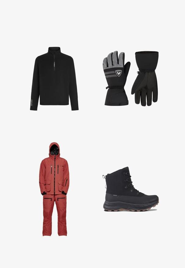 Schwarzer Fleece-Pullover mit einem Viertel-Reißverschluss-Kragen, langen Ärmeln und einem Polartec-Logo auf dem linken Arm für Isolierung und Komfort.; Roter wasserdichter Skianzug mit Kapuze, ausgestattet mit schwarzen Reißverschlüssen und Akzenten, mehreren Taschen und einem strukturierten Stoff für Isolierung.; Schwarzer wasserdichter Knöchelstiefel mit einer strukturierten Oberfläche, verstellbaren Schnürsenkeln und einer dicken, geriffelten Gummisohle in einem kontrastierenden hellbraunen Farbton.; Schwarze Winterhandschuhe mit einer grauen strukturierten Unterseite, ausgestattet mit einem Logo, elastischen Bündchen und verstärkten Bereichen für Grip und Wärme.