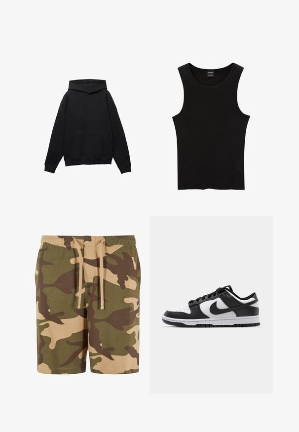 Zwarte hoodie gemaakt van zacht materiaal met een voorkant zak, oversized silhouet, en een capuchon met trekkoord. Voorzien van ribgebreide manchetten en zoom.; Zwarte geribbelde tanktop met een ronde halslijn en wijde armsgaten, gemaakt van een zachte, rekbare stof. Label: Pull&Bear.; Camo shorts van een katoenmix met groene, bruine en beige patronen. Voorzien van een elastische tailleband met koord. Casual pasvorm en knielange snit.; Zwart-witte Nike Dunk sneakers met een leren bovenwerk, geperforeerde neus, zwarte veters en een zwarte rubberen zool met profiel.