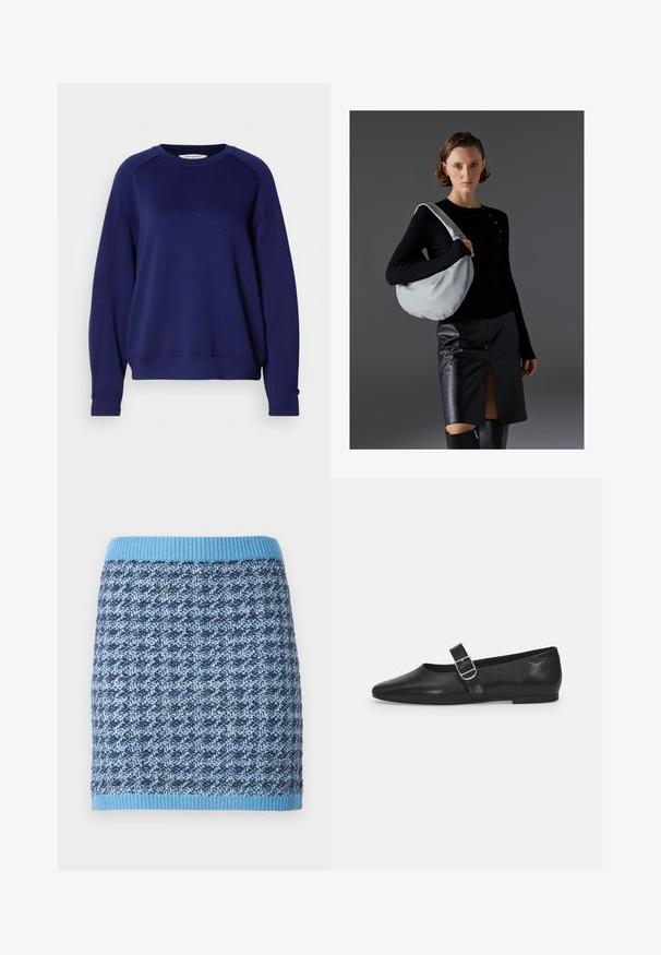 Dunkelblaues Sweatshirt aus weichem Stoff, mit Rundhalsausschnitt, langen Raglanärmeln und Knopfdetails an den Bündchen.; Strickrock mit geometrischem Muster in Blautönen, ausgestattet mit einem gerippten, hellblauen Bund und einer strukturierten Stoffoberfläche.; Schwarzer Lederflatschuh mit runder Zehenform, einem verstellbaren Schnallenriemen und einer glatten, glänzenden Oberfläche. Minimalistisches Design mit einem niedrigen Absatz.; Hobo-Tasche in Hellgrau, aus weichem Material, runder Form. Gestylt mit einem schwarzen Langarmtop und einem schwarzen Lederrock mit einem Schlitz auf der Vorderseite.