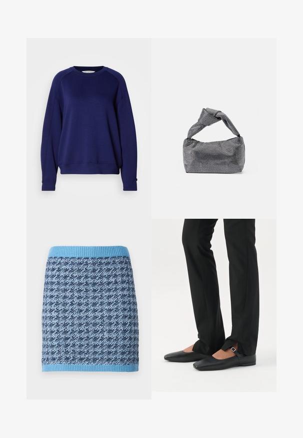 Dunkelblaues Sweatshirt aus weichem Stoff, mit Rundhalsausschnitt, langen Raglanärmeln und Knopfdetails an den Bündchen.; Strickrock mit geometrischem Muster in Blautönen, ausgestattet mit einem gerippten, hellblauen Bund und einer strukturierten Stoffoberfläche.; Beine in schwarzen schmalen Hosen mit vorderen Schlitzen am Saum, kombiniert mit schwarzen flachen Mary-Jane-Schuhen mit kleinem Schnallenriemen.; Schwarz-silberne Handtasche mit einer strukturierten Oberfläche, die ein Diamantmuster aufweist, einem geknoteten Griff und einer strukturierten Form.