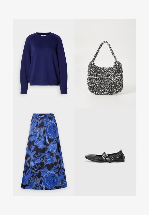 Navyblauwe sweatshirt, gemaakt van zachte stof, met een ronde halslijn, lange raglanmouwen en knopenaccenten bij de manchetten.; A-lijn rok in een blauw bloemenpatroon op een zwarte achtergrond. Elastische tailleband, lichtgewicht stof en knielange ontwerp.; Zwarte leren platte schoen met een spitse neus, geplooide details rond de opening en een zilveren gespaccentueerde verstelbare band.; Geweven handtas in zwart en wit met een ronde vorm, gestructureerd oppervlak en een gevlochten handvat. Geschikt voor dagelijks gebruik.