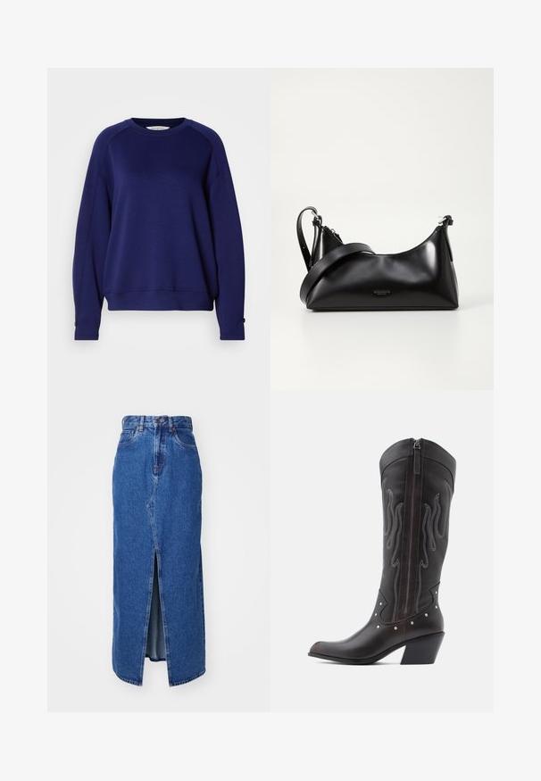 Navyblauwe sweatshirt, gemaakt van zachte stof, met een ronde halslijn, lange raglanmouwen en knopenaccenten bij de manchetten.; Denim maxi rok in medium blauw met een voorste split, hoge taille en klassiek vijf-pocket ontwerp. Geweldige contraststiksels en een ritsluiting.; Bruine leren cowboylaarzen met vlamstiksels, zijrits, zilveren studs, spits toelopende neus en gestapelde hak.; Zwarte leren handtas met een gladde textuur. Beschikt over een verstelbare schouderband en een strak, minimalistisch ontwerp met een ritssluiting.