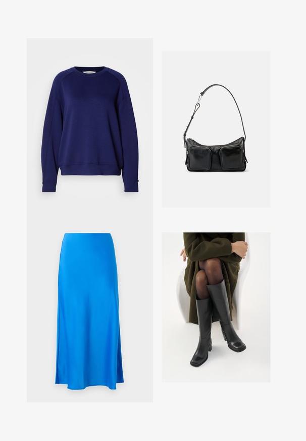 Sweatshirt bleu marine, en tissu doux, avec un col ras du cou, de longues manches raglan et des accents de boutons aux poignets.; Jupe maxi en satin bleu avec une texture lisse, légèrement évasée, et une fente sur le côté, offrant une silhouette fluide.; Bottes en cuir noires arrivant au genou, avec un bout carré et un talon carré, présentées sur un modèle assis dans un manteau vert olive. Texture lisse, détails minimaux.; Sac à bandoulière en cuir noir avec bandoulière réglable et deux grandes poches zippées à l'avant sur un fond clair uni.