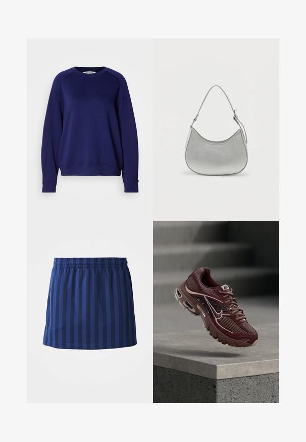Marineblå sweatshirt fremstillet af blødt stof, med en rund halsudskæring, lange raglanærmer og knapdetaljer ved manchetterne.; Mørkeblå nederdel med lodrette striber, elastisk talje, længde til midten af låret, lavet af letvægtsstof, glat tekstur.; Bordeauxrød Nike løbesko med meshstof, polstret krave, tyk sål og hvide detaljer. Designet har en rundet tå og markante snørebånd.; Sølv faux læder håndtaske med en buet form, kort justerbar strop og glat overflade, præget af minimal syning.