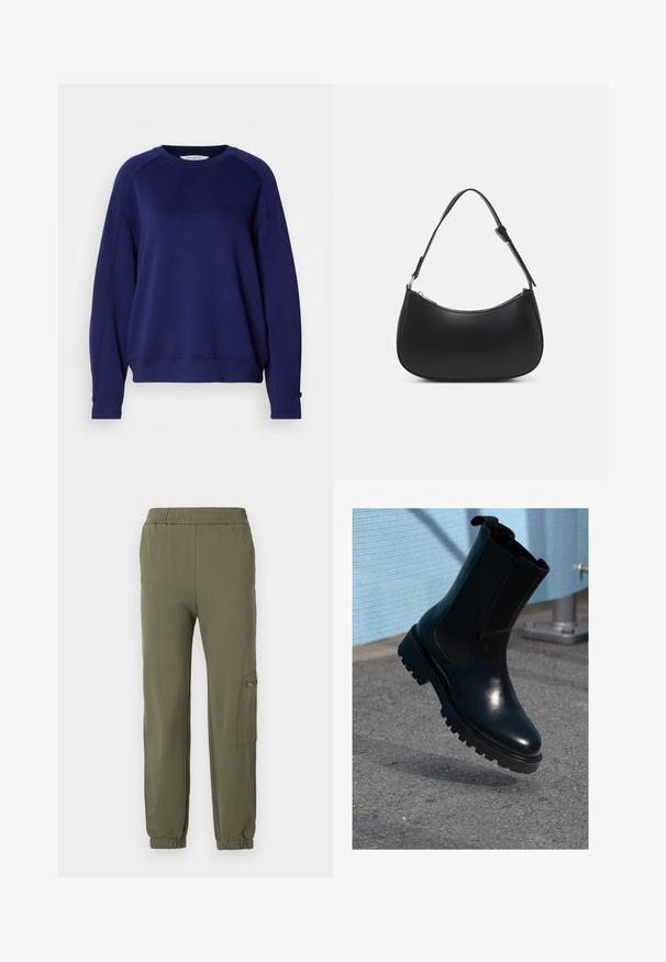 Marineblå sweatshirt fremstillet af blødt stof, med en rund halsudskæring, lange raglanærmer og knapdetaljer ved manchetterne.; Oliven grønne joggerbukser med elastisk talje, indsnævret nederdel og en sidelomme med lynlåsdetalje. Blødt, strækbart stof.; Sort ankelstøvle i læder med elastiske sidepaneler, rund tå og en tyk, tekstureret sål. Glat finish med et minimalistisk design.; Pieces PCALUANA SHOULDER BAG - Håndtasker - black