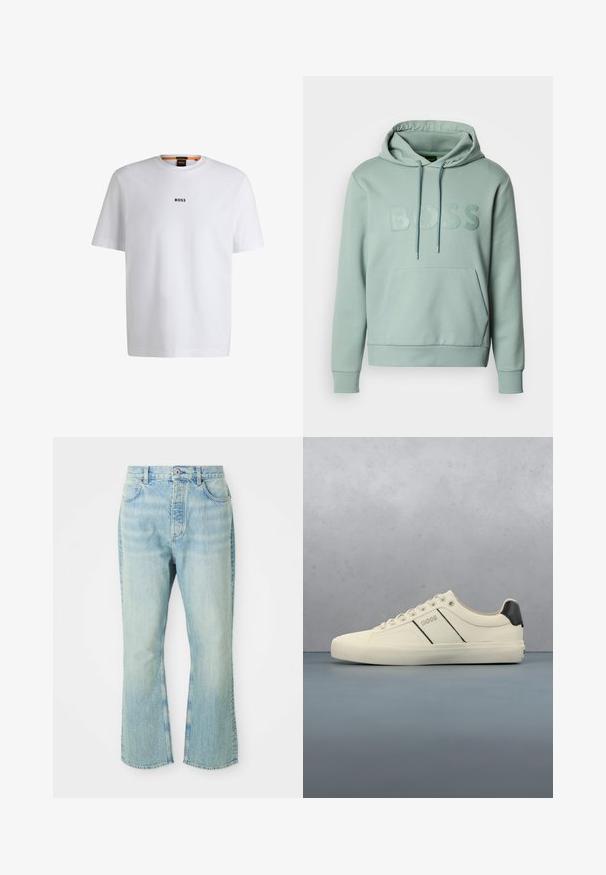 Hellgrüner Hoodie mit Kängurutasche, Kordelzugkapuze und erhabenem "BOSS"-Logo auf der Vorderseite. Verfügt über gerippte Bündchen und Saum.; Weißes Baumwoll-T-Shirt mit kurzen Ärmeln, ausgestattet mit einem schwarzen "BOSS"-Logo, das mittig auf der Brust platziert ist, und einem runden Halsausschnitt.; Hellblaue, ausgestellte Jean mit hoher Taille, ausgestattet mit fünf Taschen, Gürtelschlaufen und einem ausgewaschenen Denim-Look.; Cremfarbene Sneaker mit glatter Oberfläche, die schwarze Akzente und Markenlogo aufweisen. Klassisches Schnürdesign mit runder Zehenform und Gummisohle.