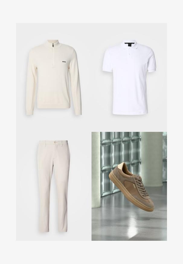 Pull en tricot beige clair avec un col montant et une demi-fermeture éclair, arborant un petit logo noir sur la poitrine gauche et des poignets côtelés.; Polo shirt blanc en coton avec manches courtes, un col et une patte de boutonnage à trois boutons. Détail de logo subtil sur la poitrine. Texture lisse.; Pantalon beige à coupe slim, avec un système de fermeture à bouton à l'avant, un design à l'avant plat et une coupe droite, fabriqué en tissu en mélange de coton lisse.; Baskets décontractées beiges avec lacets et logo « BOSS », flottant au-dessus d’un sol en béton poli avec un mur en blocs de verre en arrière-plan.