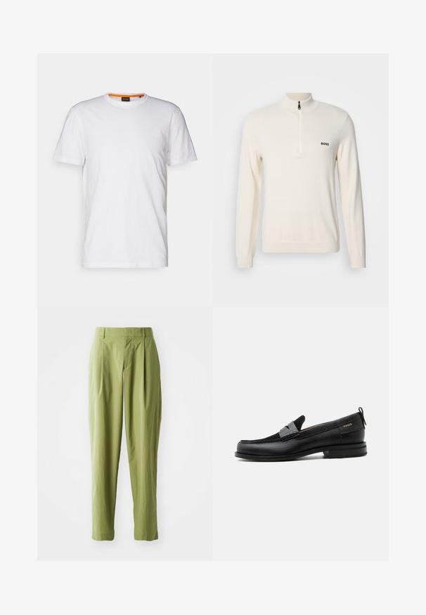 Lys beige strikket pullover med høj krave og halv lynlås, der har et lille sort logo på venstre bryst og ribbede manchetter.; Hvid bomulds T-shirt med rund hals, korte ærmer og et subtilt præget logo på brystet. Indvendigt mærke har en orange detalje.; Lys grønne bukser lavet af et struktureret stof, med en lige form, folder foran og en standard talje.; Sort læderloafer med grå remdetalje, lav hæl og tekstureret sål, mærket med "HUGO" i guld på siden.