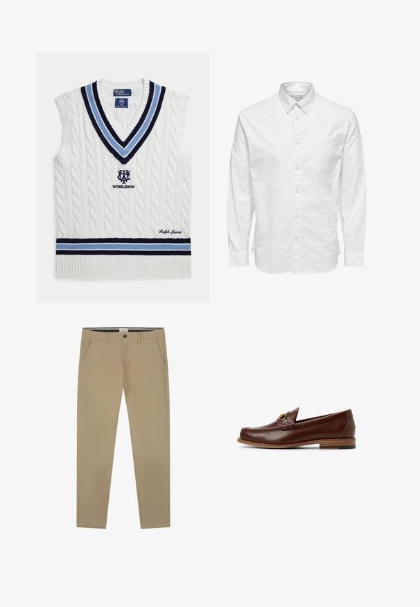 Chaleco sin mangas blanco de punto trenzado con rayas azules y negras, logo de Wimbledon y bordado de Ralph Lauren.; Camisa blanca de manga larga con botones, cuello y bolsillo en el pecho, con la etiqueta "Selected Homme" en el interior del cuello.; Chinos beige confeccionados en suave algodón, con un diseño de pierna recta, un cierre de un solo botón y dos bolsillos laterales. Detalles de costura sutil.; Mocasines de cuero marrón con un detalle trenzado y un acento dorado. Tacón plano de madera con agarre de goma negra. Textura suave, diseño clásico.