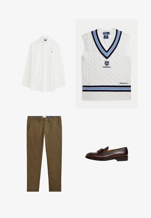 Chaleco sin mangas blanco de punto trenzado con rayas azules y negras, logo de Wimbledon y bordado de Ralph Lauren.; Camisa blanca de manga larga con botones y un pequeño logo bordado de un golfista en negro en el pecho izquierdo.; Chinos de algodón marrones con un diseño de pierna recta, que cuentan con bolsillos laterales, un cierre de botón y un detalle de cintura en contraste.; Mocasín de cuero marrón oscuro con borlas, tacón bajo y detalles cosidos a lo largo de los lados y la parte superior, mostrado desde el perfil lateral exterior.