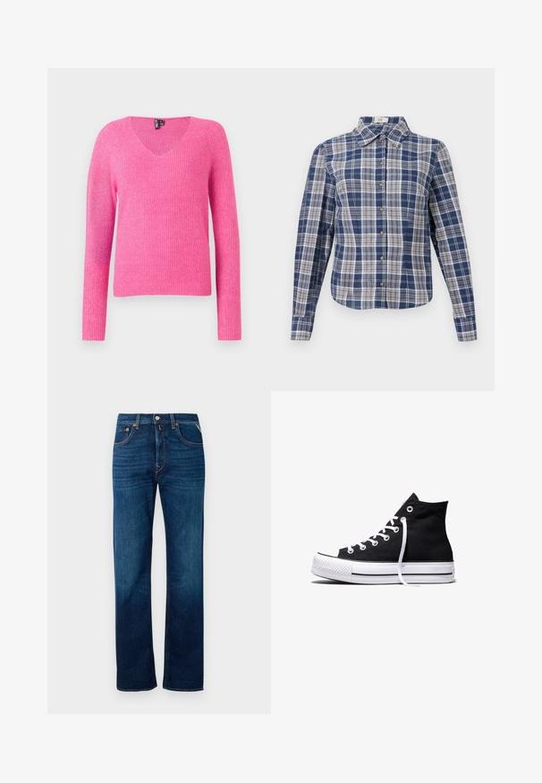 Ružový pletený sveter s výstrihom do V, dlhými rukávmi, rebrovanou textúrou a voľným strihom. Materiál má mäkký, jemne lesklý povrch.; Modrá a biela károvaná košela s dlhým rukávom, s gombíkmi a golierom, vystavená na bielom pozadí.; Džínsy v tmavomodrej farbe so striaght leg strihom, päť vrecúškovým dizajnom a svetlým vyblednutím. Obsahujú predné zapínanie na gombík a pútka na opasok.; Čierna vysoká plátenná teniska s bielou gumovou podrážkou a bielymi šnúrkami, zobrazená zboku na bielom pozadí.