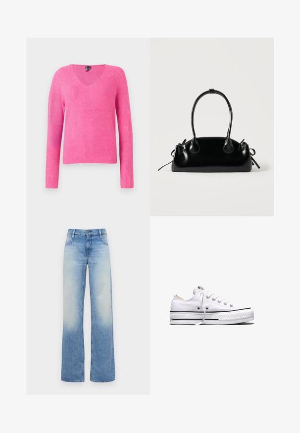 Roze gebreide trui met een V-hals, lange mouwen, ribbelstructuur en een losse pasvorm. Het materiaal heeft een zachte, licht glanzende afwerking.; Lichtblauwe hoge taille wijde jeans met een vervaagd uiterlijk. Beschikt over vijf zakken en een knoopsluiting aan de tailleband.; Witte lage canvas sneaker met witte veters, zwarte strepen op de zool en een rubberen, getextureerde neuskap, zijaanzicht op een witte achtergrond.; Kleine zwarte glanzende handtas met twee lange hengsels en zijkant trekkoord details op een effen lichte achtergrond.