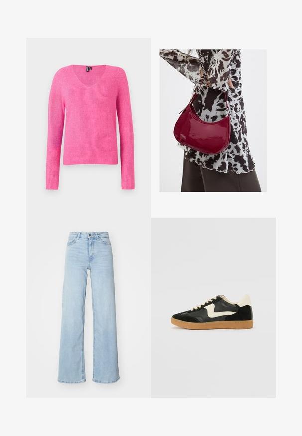 Lyserød strikket sweater med V-hals, lange ærmer, ribbet tekstur og en løs pasform. Materialet har en blød, let blank overflade.; Lysblå brede jeans lavet af denim. Har høj talje, frontlukning med knapper og to lommer. Glat tekstur med subtilt falmede områder.; Sorte ruskinds- og lædersneakers med en cremefarvet side-swoosh og lys cremefarvet hæl. Har beige snørebånd og en gummirubber-sål.; Kvinde iført en sort- og hvidmønstret bluse, der holder en blank rød skuldertaske mod en ensfarvet baggrund.