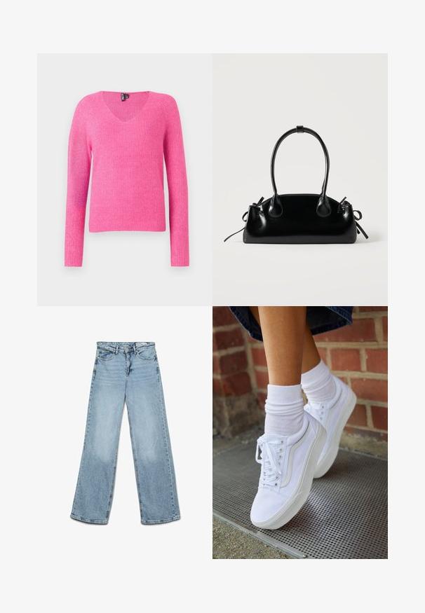 Lyserød strikket sweater med V-hals, lange ærmer, ribbet tekstur og en løs pasform. Materialet har en blød, let blank overflade.; Lyseblå højtaljede jeans med vide ben, knap- og lynlås-lukning, for- og baglommer samt bæltestropper.; Hvide lærreds sneakers med gummisåler, der har seks snørehuller, rund tå og let sømdetaljer, krydret med hvide ankelstrømper.; Lille sort blank håndtaske med to lange håndtag og snøre-detaljer i siden på en ensfarvet lys baggrund.