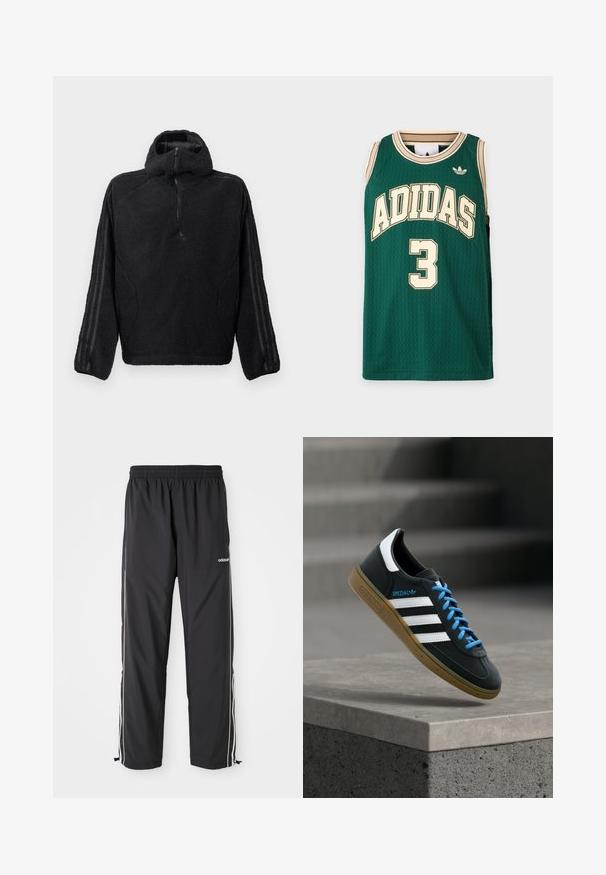 Schwarzer Fleece-Pullover mit einem halben Reißverschlusskragen, der eine strukturierte Oberfläche und schwarze Streifenakzente an den Ärmeln aufweist.; Grünes ärmelloses Adidas-Basketballtrikot mit beiger Einfassung, Adidas-Logo und der Nummer 3 auf der Vorderseite.; Schwarze Sporthose aus leichtem Material, mit weißen Seitenstreifen, einem elastischen Bund und verstellbaren Knöchelbündchen.; Schwarzer Adidas-Sneaker mit weißen Streifen, blauen Schnürsenkeln und Gummisohle, der über einer grauen Betontreppe im weichen Licht schwebt.